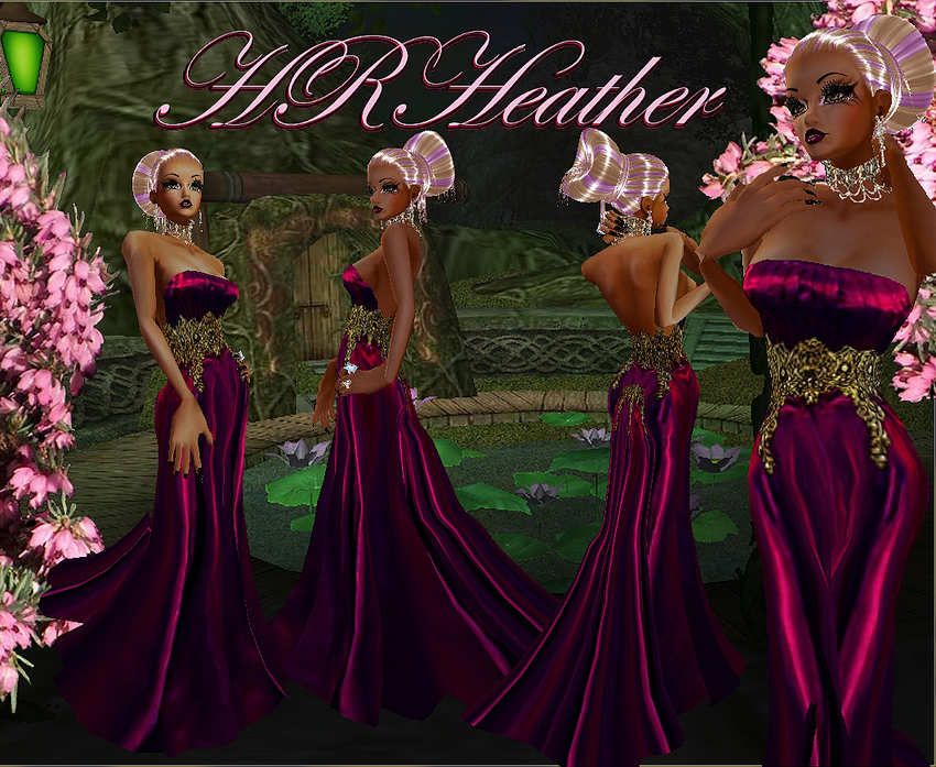 HRHeather’s dark purple dinner dress for formal evening wear with a purple-gold beadwork waistline and short bustled train behind. This does glow, but being so dark, it’s a proper looking formal dress. Your legs will not show through the dress, even sitting down, but you will want to wear shoes without stockings, or go barefoot to not be noticeable. You’re going to turn heads wearing this one to any gothic or night folk function